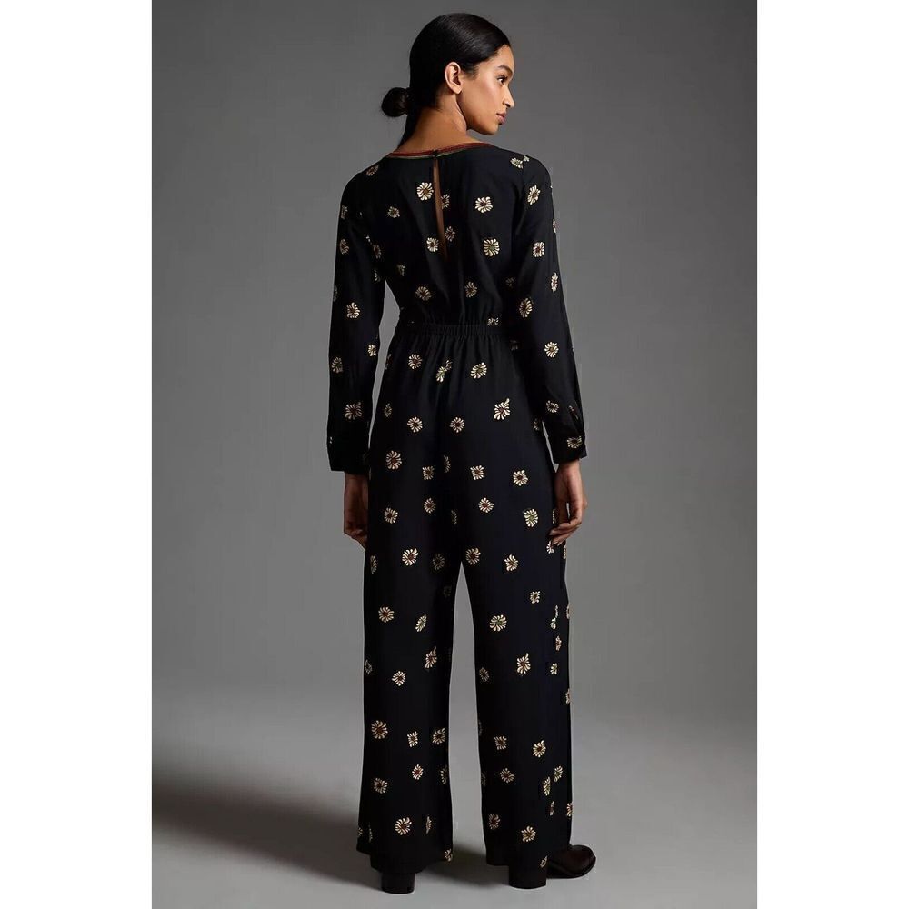 ANTHROPOLOGIE Farm Rio Long-Sleeve Cutout Jumpsuit Black Floral XS NEW - Picture 3 of 4